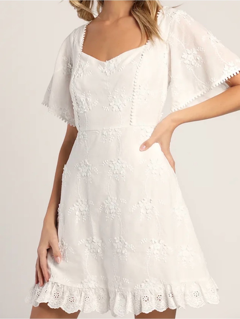 Lulu's White Embroidered Flutter-Sleeve Mini Dress